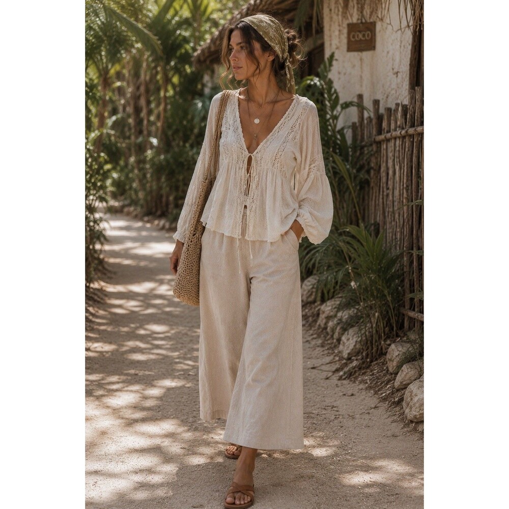 Beige Linen Look Wide Leg Crop Pants High Rise Side Zip Women’s Size M